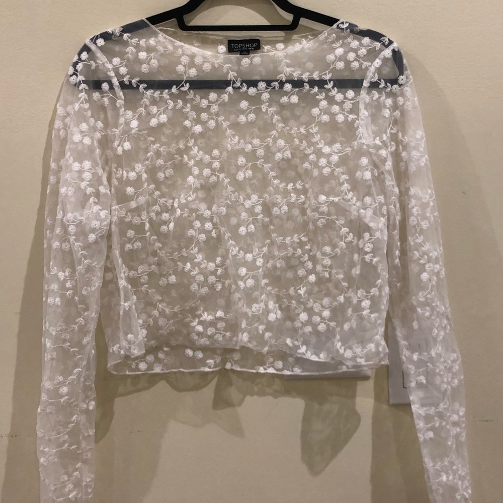COACHELLA; Sheer White Floral Crop Top